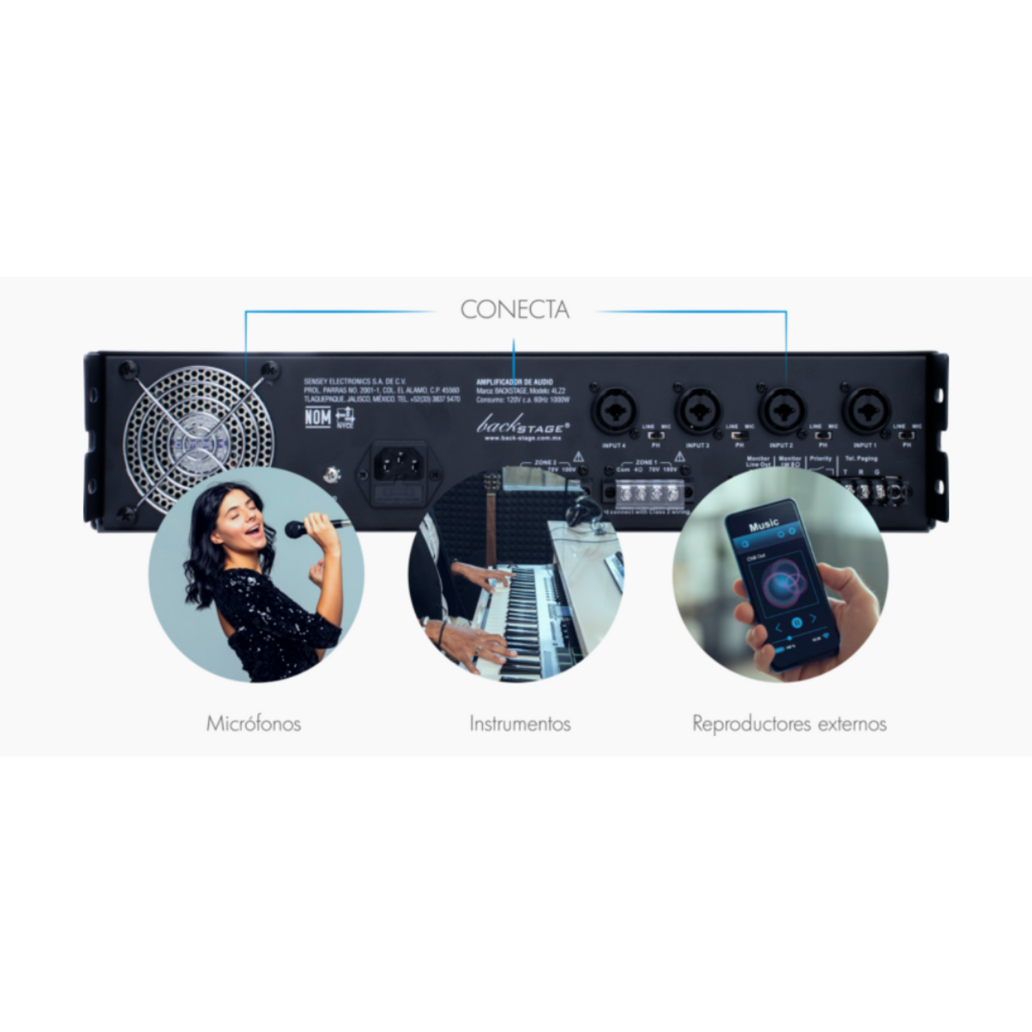 Amplificador de línea 70/100V Backstage 4LZ2 con 4 entradas 2 zonas