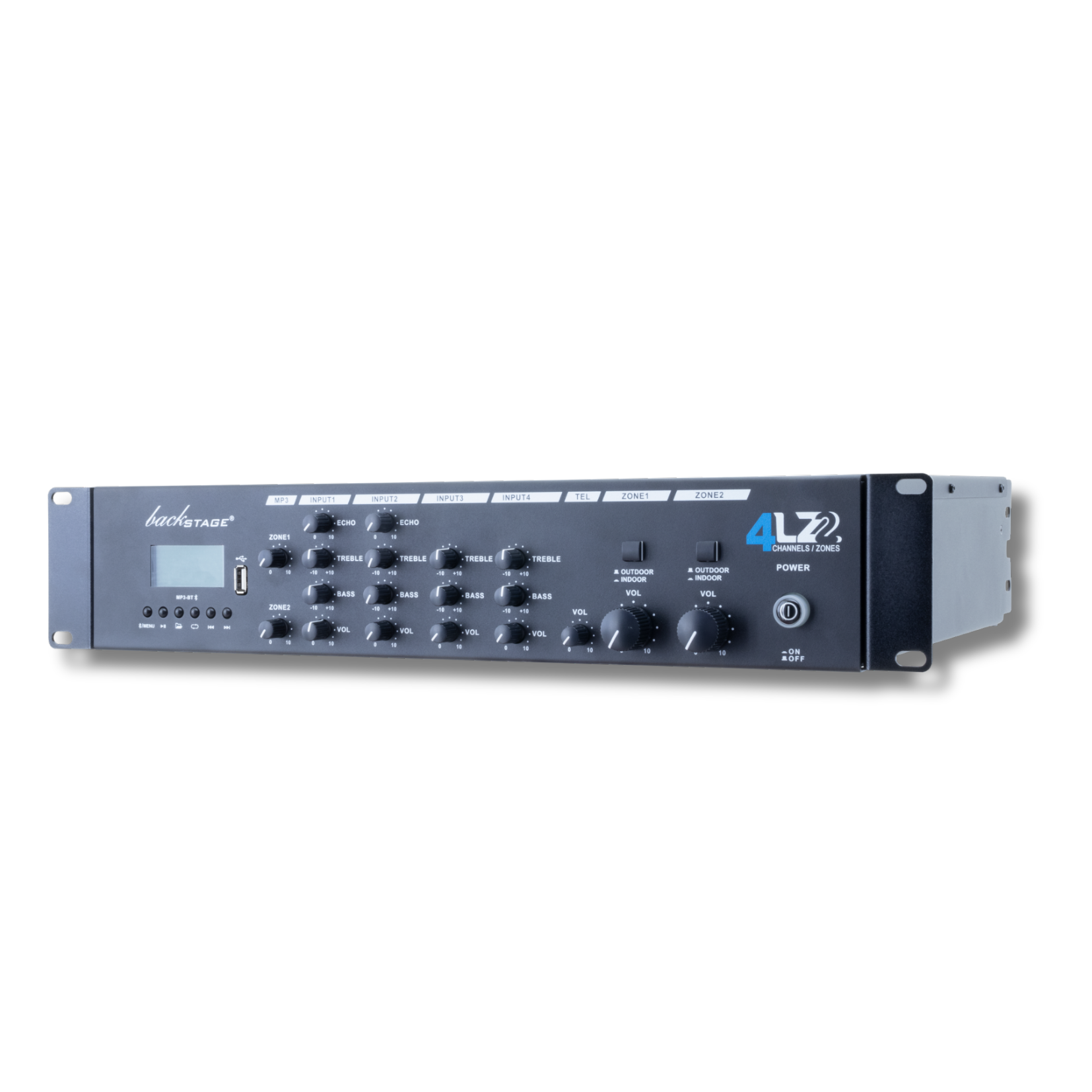 Amplificador de línea 70/100V Backstage 4LZ2 con 4 entradas 2 zonas