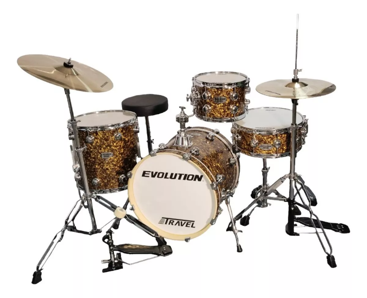 Evolution Travel 4-Piece Drum Set with Cymbal Seat and Stand - Brown