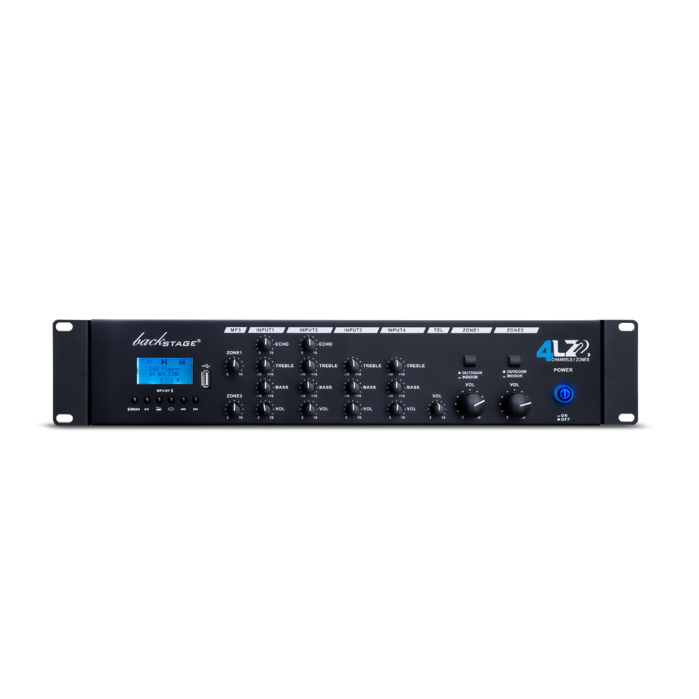 Amplificador de línea 70/100V Backstage 4LZ2 con 4 entradas 2 zonas