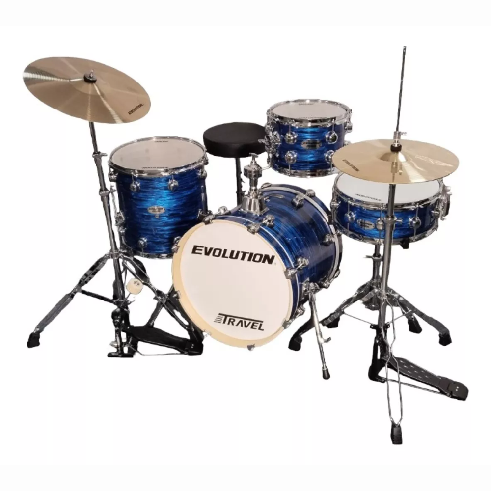 EVOLUTION TRAVEL STRATA BLUE 18x10x14 DRUM SET WITH BENCH, DRUMSTICKS AND CYMBALS