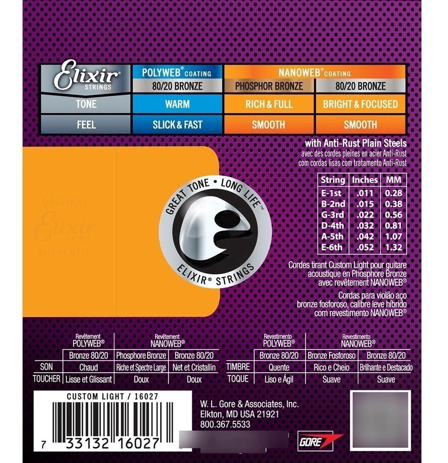 Elixir 16027 Cuerdas Acustica 3 Paquetes .011-.052 Bronze