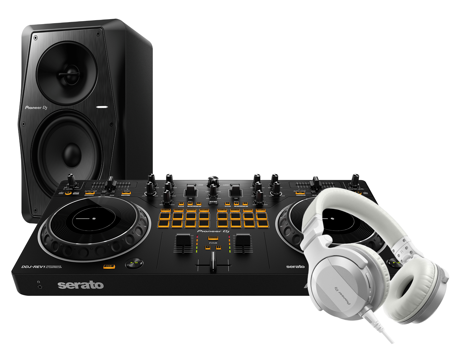 Pioneer DJ Controller Bundle Ddjrev1, White Headphones and Studio Monitor