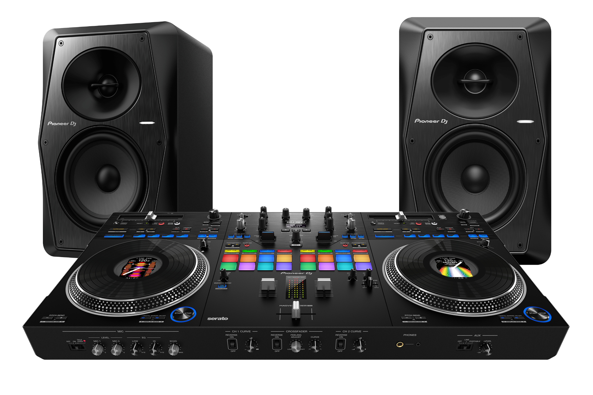 Pioneer DJ Bundle DDJREV7 2-Channel Professional DJ Controller and Pair of Professional Monitors
