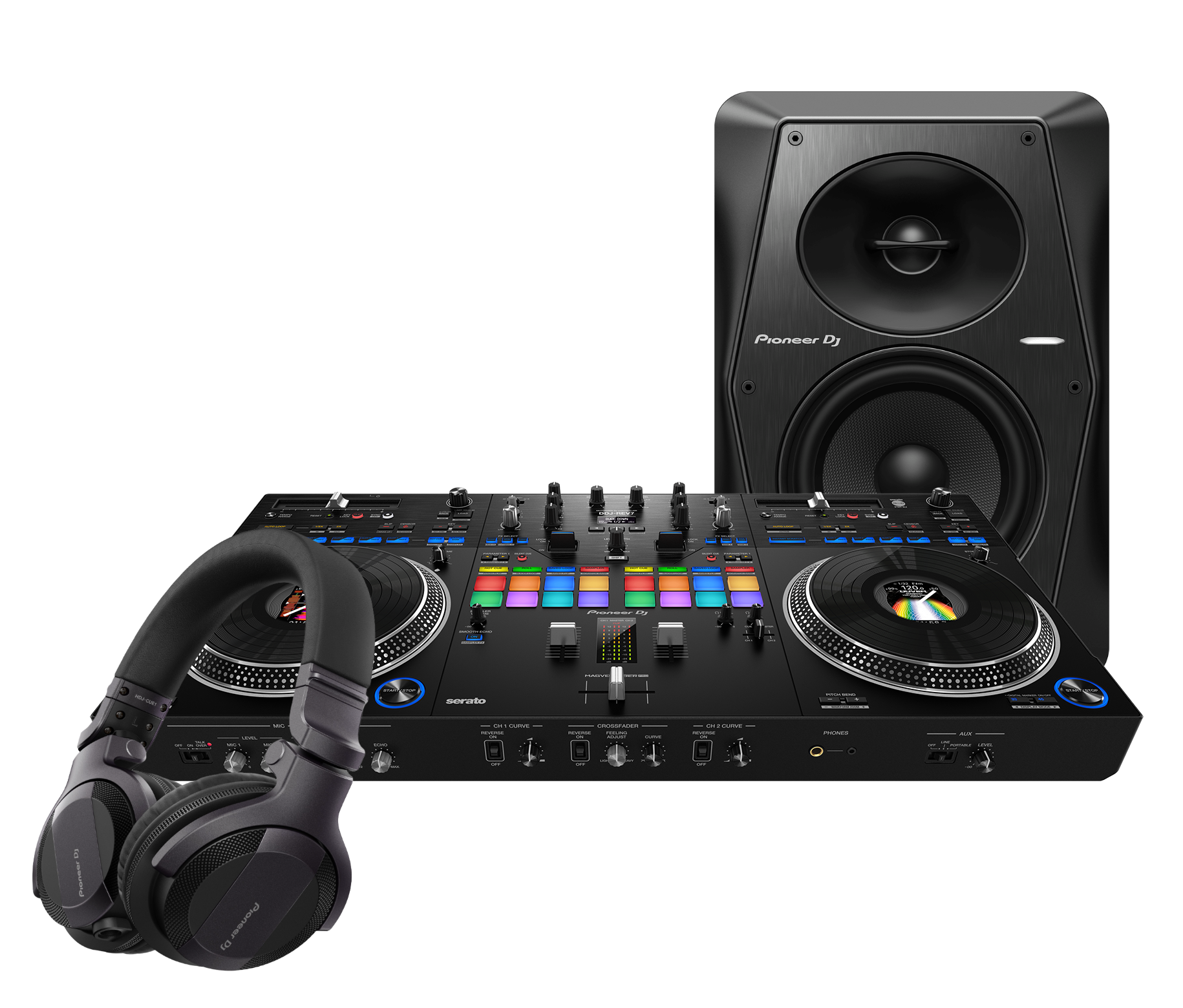 Pioneer DJ Professional DJ Controller Bundle DDJREV7 plus Headphones and Studio Monitor