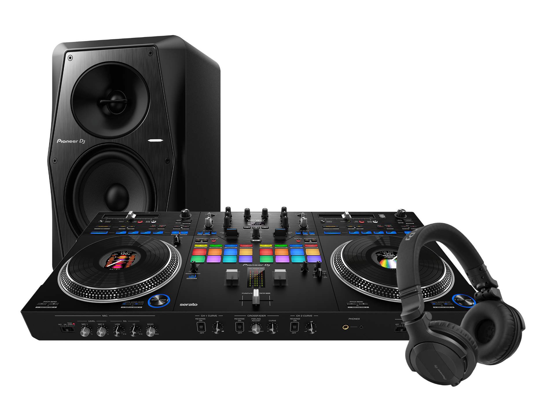 Pioneer DJ Professional DJ Controller Bundle DDJREV7 plus Headphones and Professional Studio Monitor