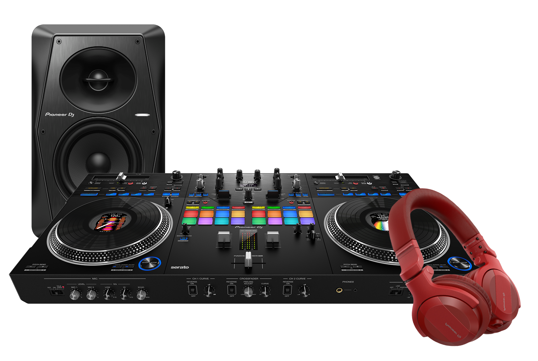 Pioneer DJ Professional DJ Controller Bundle DDJREV7 plus Red Headphones and Studio Monitor