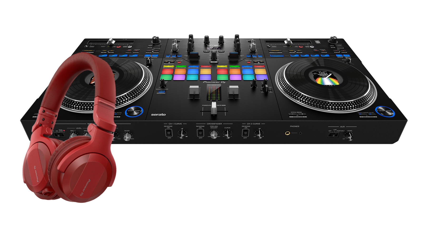 Pioneer DJ Bundle DDJREV7 2-Channel DJ Controller and Red Headphones