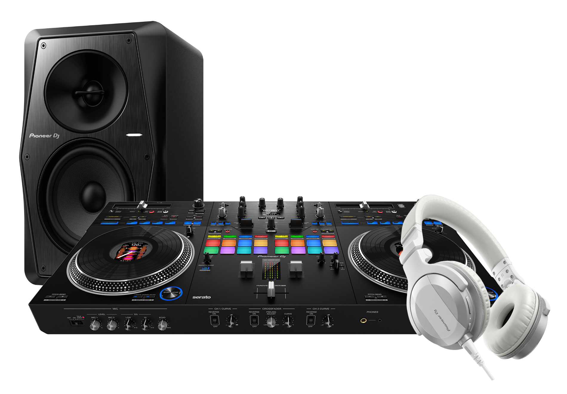 Pioneer DJ Professional DJ Controller Bundle DDJREV7 plus White Headphones and Professional Studio Monitor