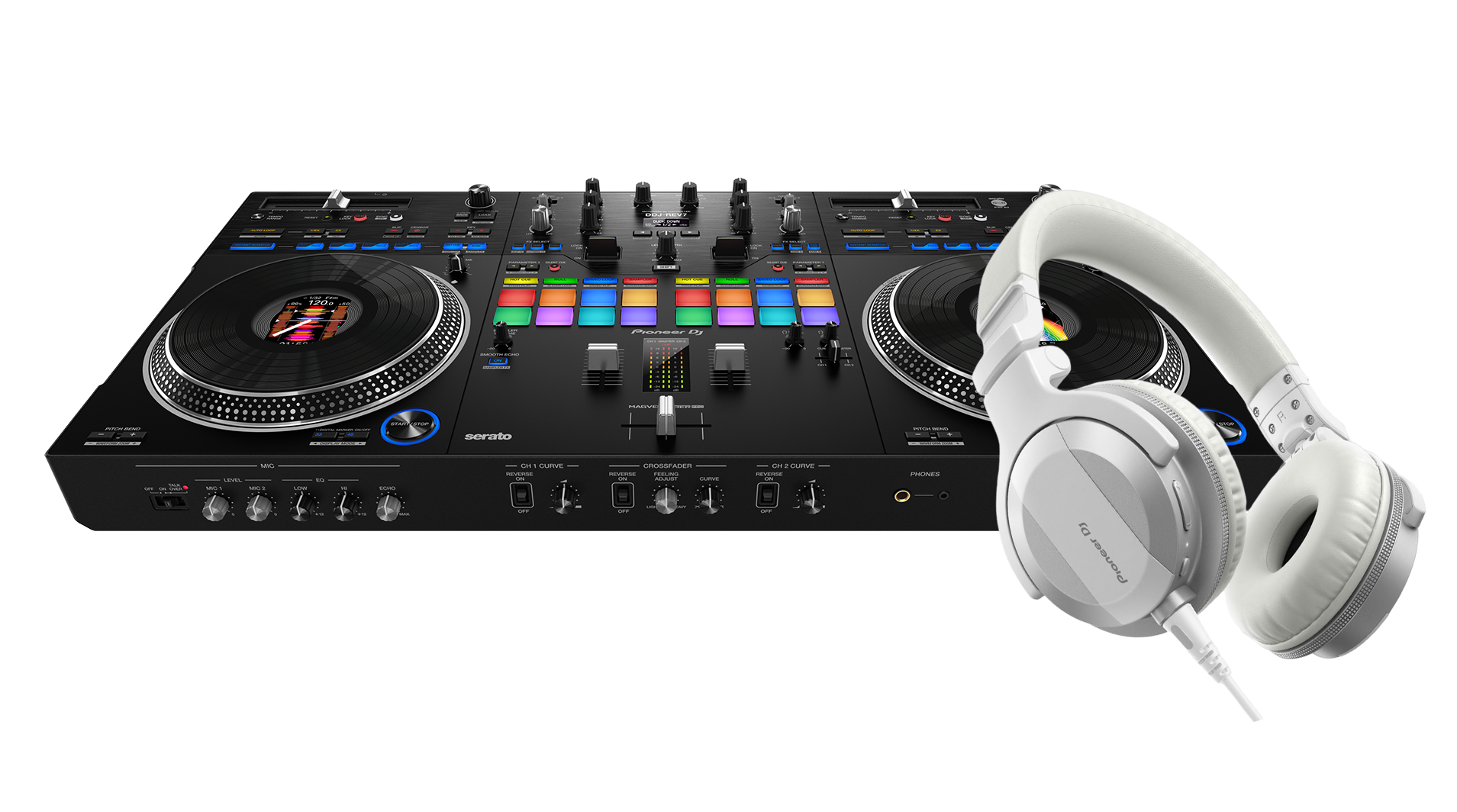 Pioneer Dj paquete Controlador dj profesional de 2 canales DDJREV7 y Audifonos color blanco