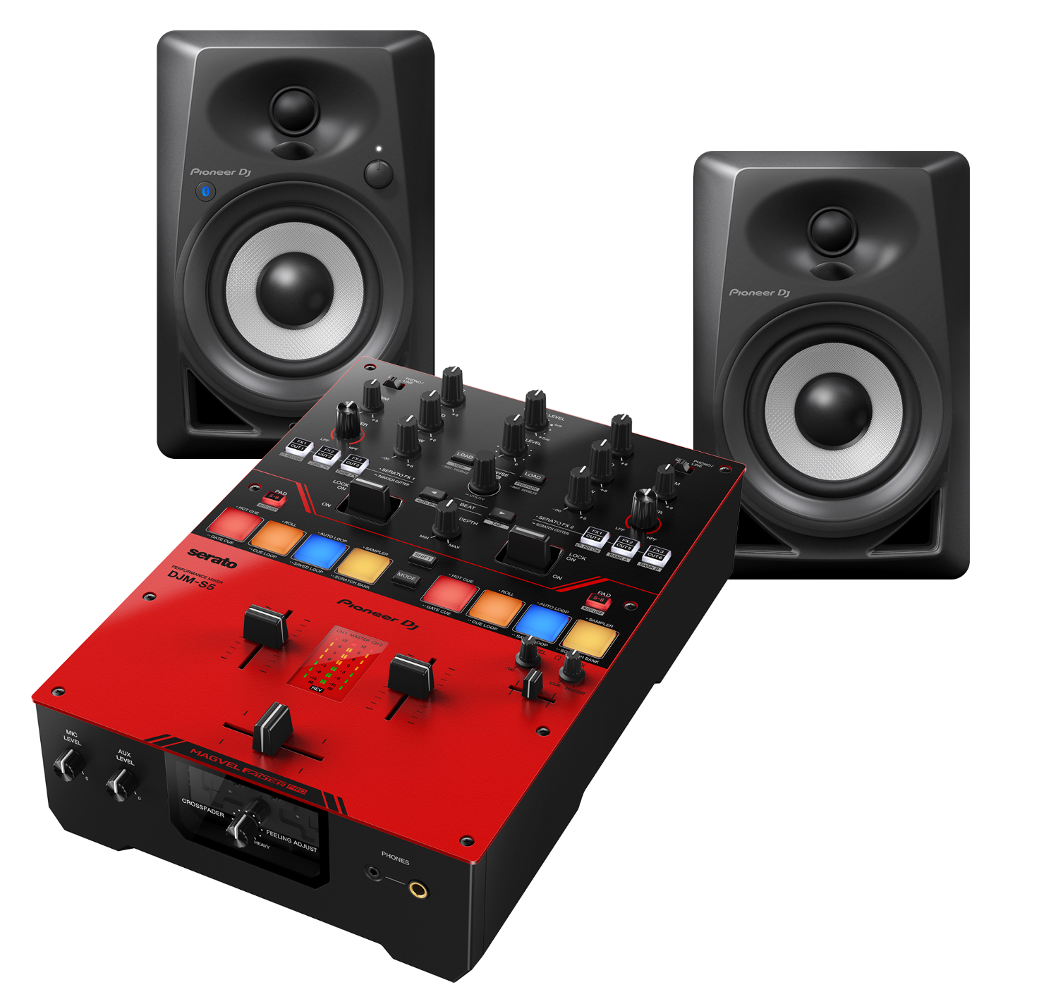 PIONEERDJ Bundle with 2-Channel Mixer plus Pair of Powered Monitors