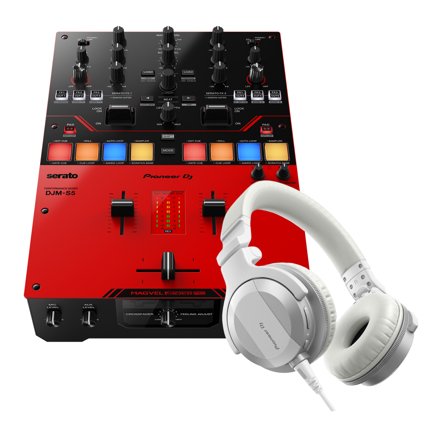 PIONEERDJ Bundle with 2-Channel Mixer plus White Headphones
