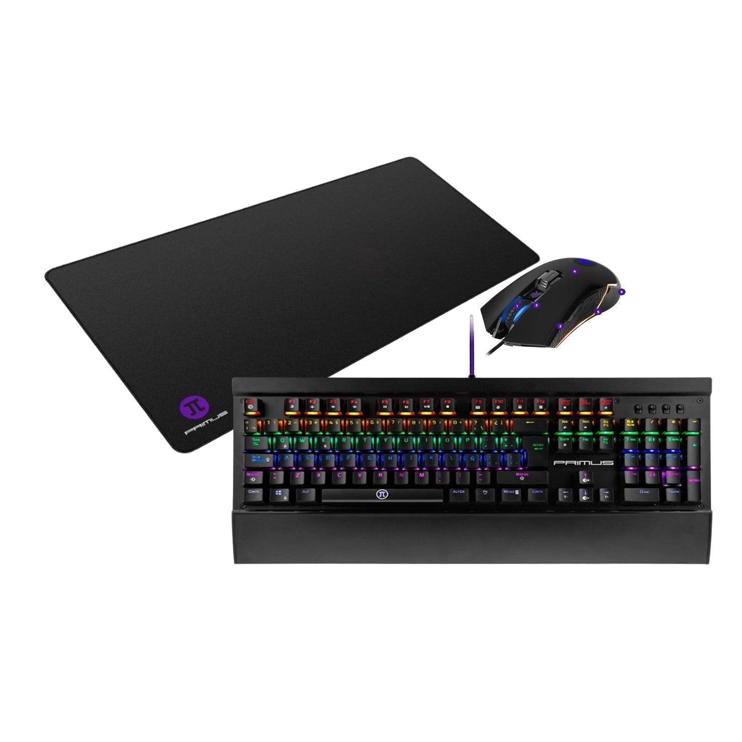 Primus Gaming paquete para Gamer con Mouspad PMP-01XXL, Teclado Mecanico con switch rojos PKS-201S y Raton con 6 botones PMO-102