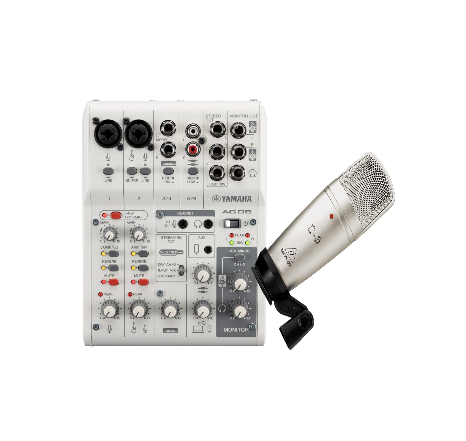 Yamaha paquete para podcast con una mini mezcladora yamaha AG06MK2W y un micrófono de buena calidad para streaming y más