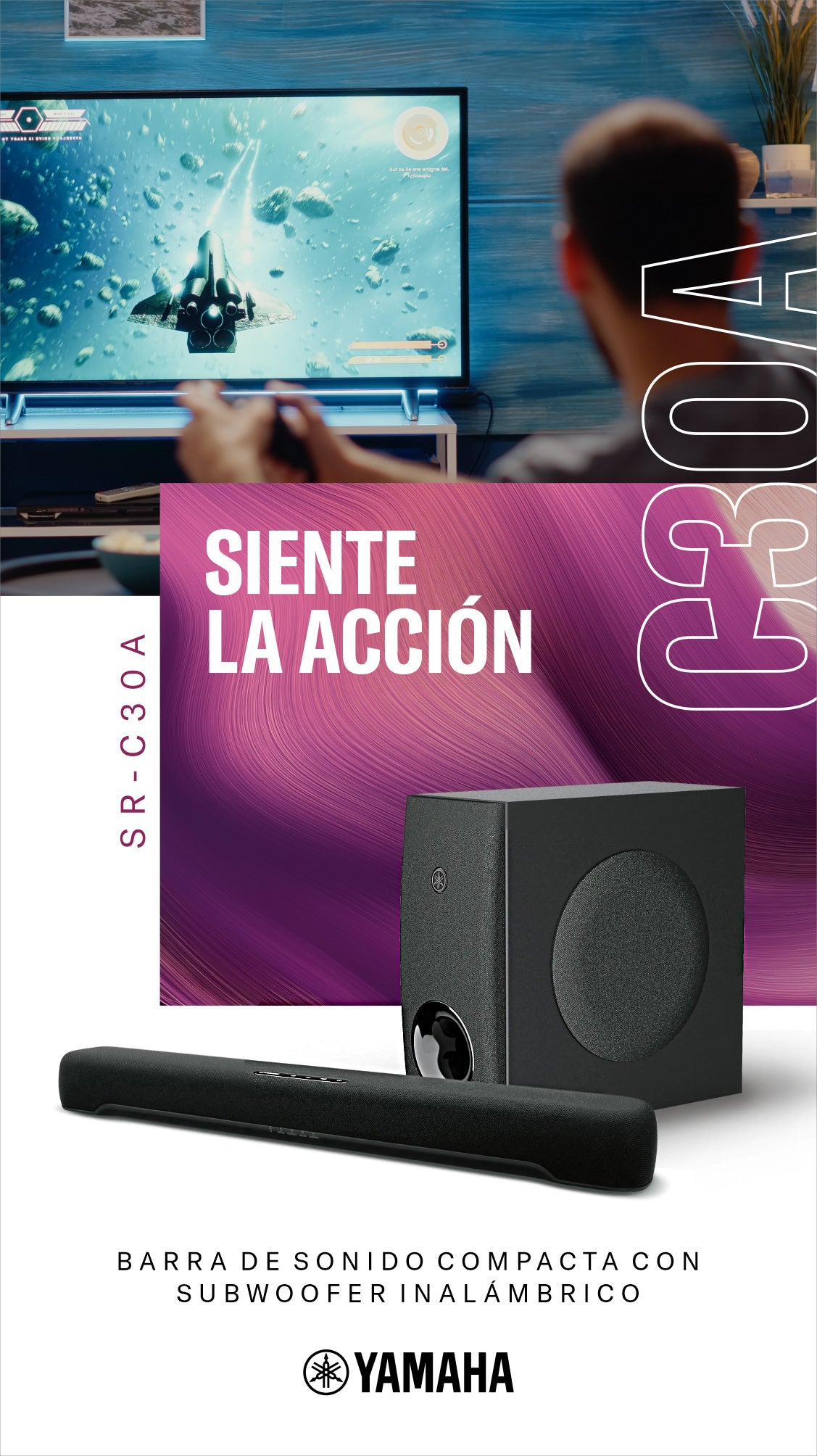 Yamaha SR-C30A Barra de sonido compacta con subwoofer inalámbrico y Bluetooth