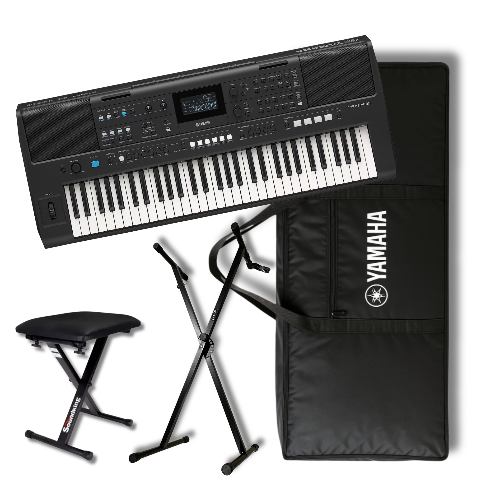 Yamaha Psr-e483 Teclado Para Solista 61 Teclas Touch Usb Negro con Funda Base y Banco