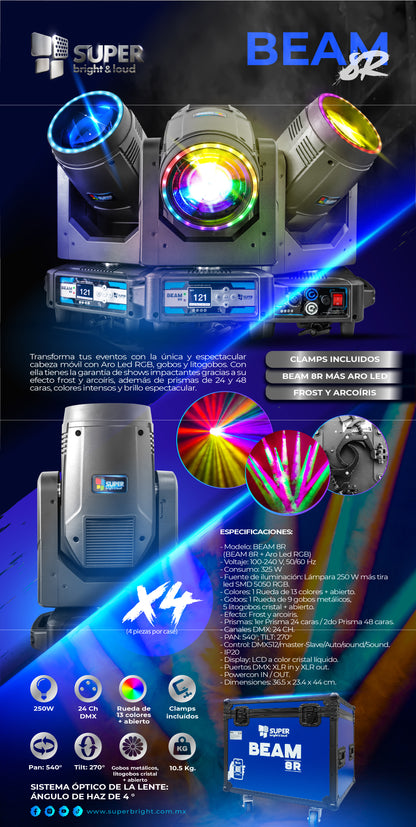 Cabezas Beam 8R con aro led 250W, clamps abatibles estuche con 4 pzas