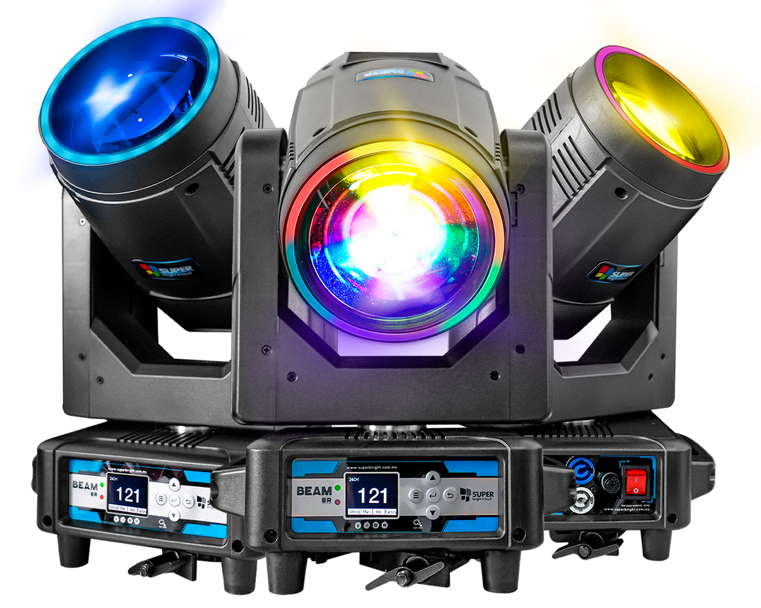 Cabezas Beam 8R con aro led 250W, clamps abatibles estuche con 4 pzas