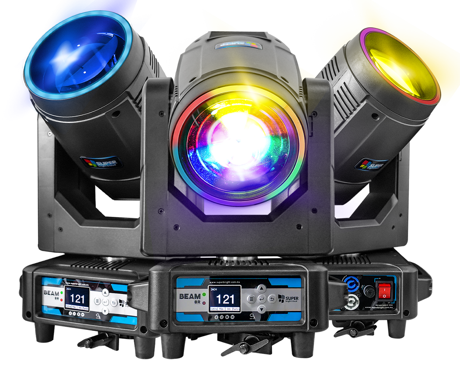 Cabezas Beam 8R con aro led 250W, clamps abatibles estuche con 4 pzas