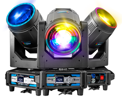 Cabezas Beam 8R con aro led 250W, clamps abatibles estuche con 4 pzas
