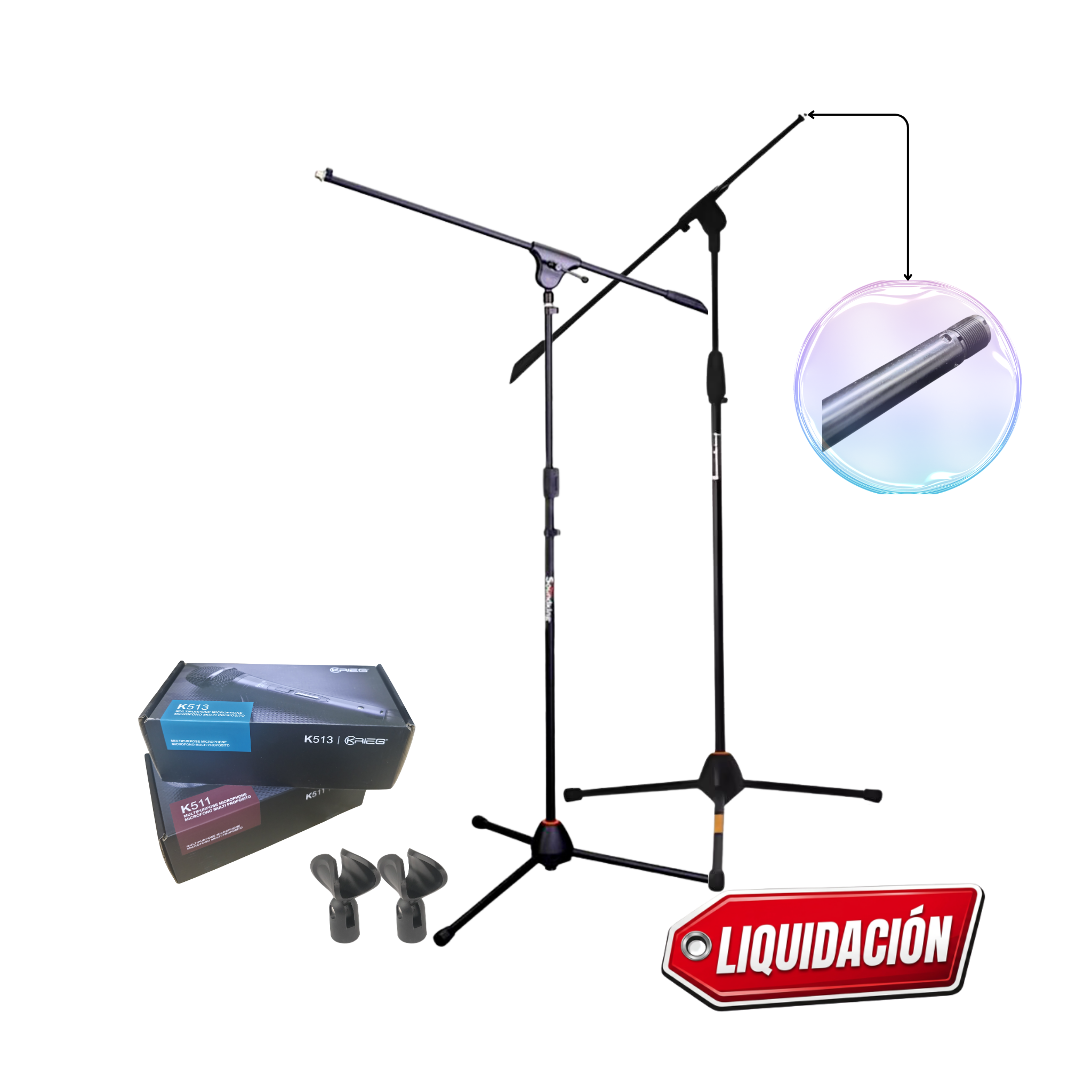 Paquete de doble Micrófono de mano K-511, K-513 y dos soportes de microfonia Ajustables *Oferta de Liquidación*
