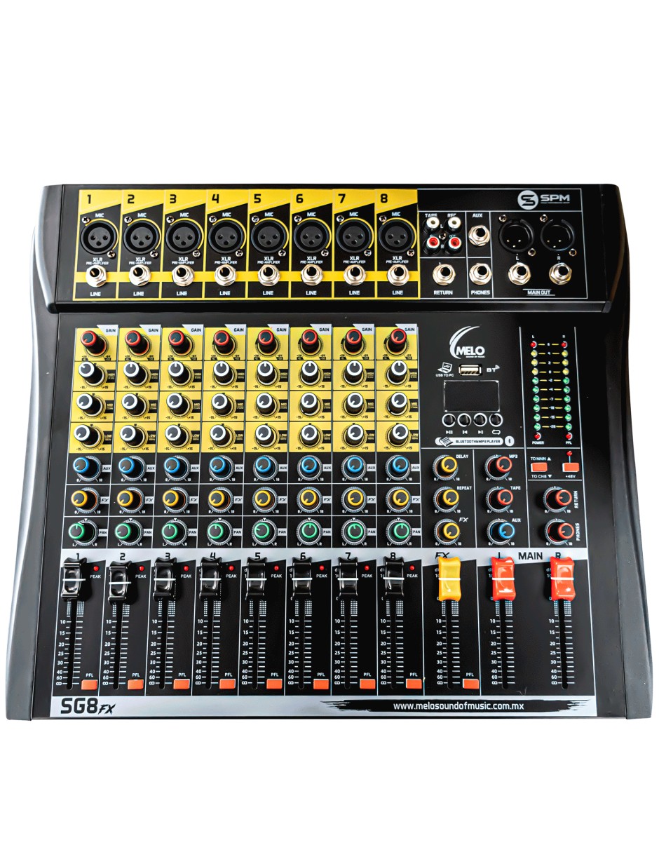 CONSOLA MELO SG8FX DE 8 CANALES MONO, CONEXIÓN BLUETOOTH