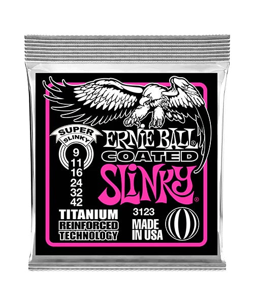 ENCORDADURA ERNIE BALL &quot;COATED - SUPER SLINKY&quot; PARA GUITARRA ELECTRICA (TITANIO, 0.009-0.042)