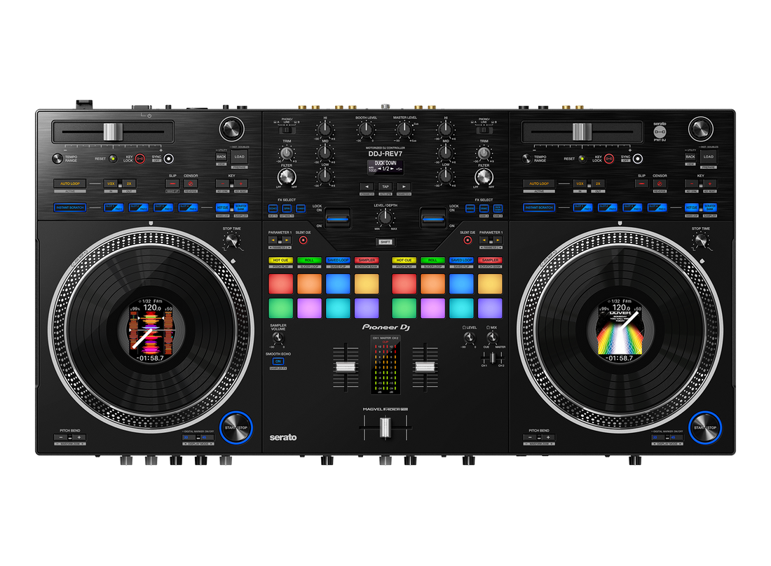 PioneerDj paquete Controlador Dj Profesional DDJREV7 más Audifonos Rojo y Monitor de estudio